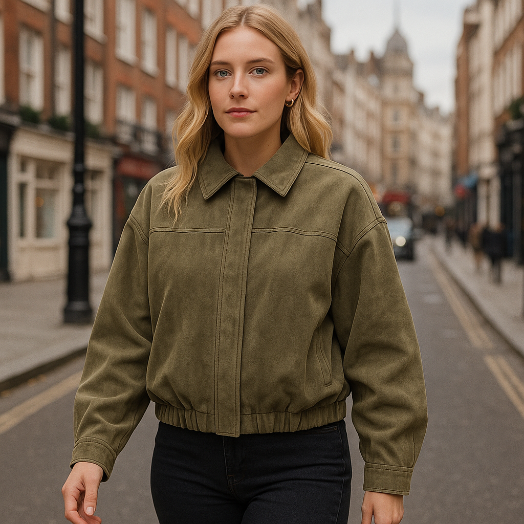 Chaqueta de ante sintético con mangas anchas, cremallera frontal y cuello en punta.