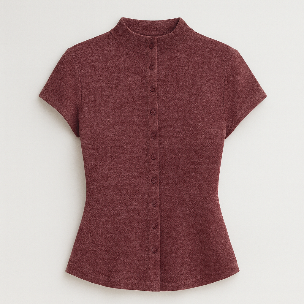 Top de punto burdeos de manga corta con cuello alto, botones en la parte delantera y corte entallado.
