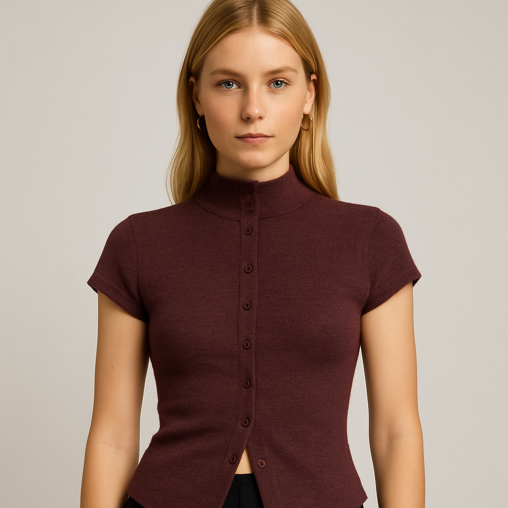 Top de punto burdeos de manga corta con cuello alto, botones en la parte delantera y corte entallado.